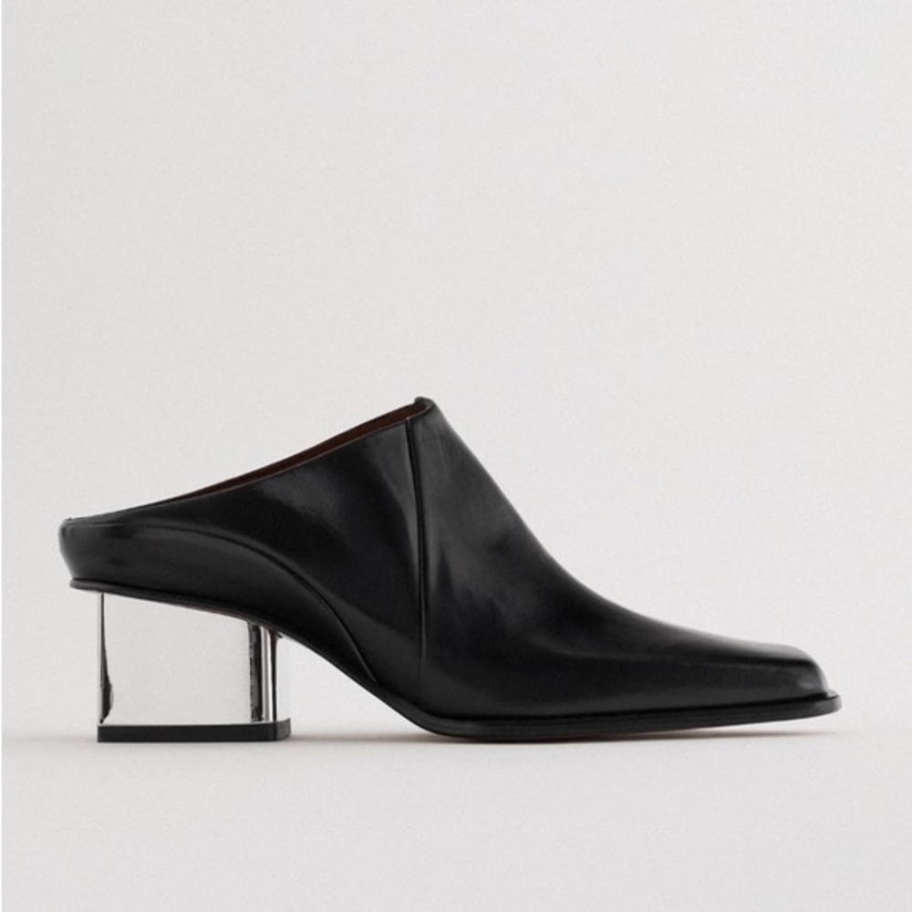 NWT ZARA LEATHER SQUARE TOE CLOGS MULES BLACK METALLIC SILVER 1204/610 7.5